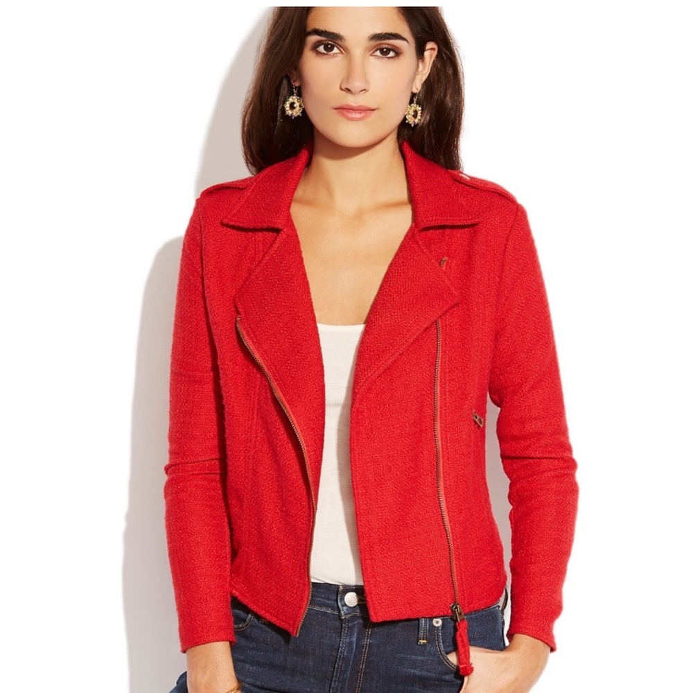 Lucky Brand Women XL  Red Tweed Moto  Jacket Zipper Collared Full Zip Coat  RCLO